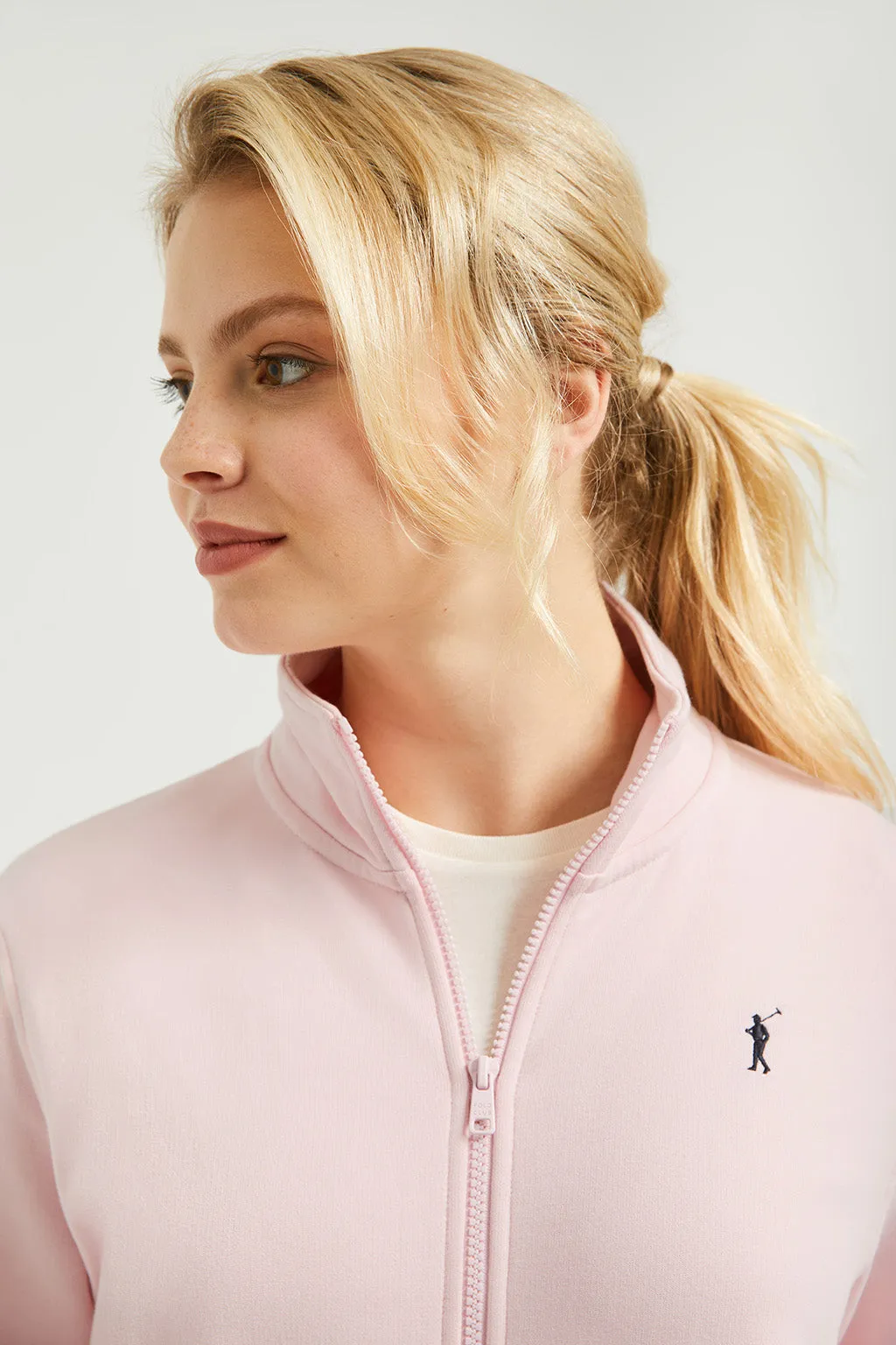 Sudadera abierta rosa de cuello elevado con logo Rigby Go