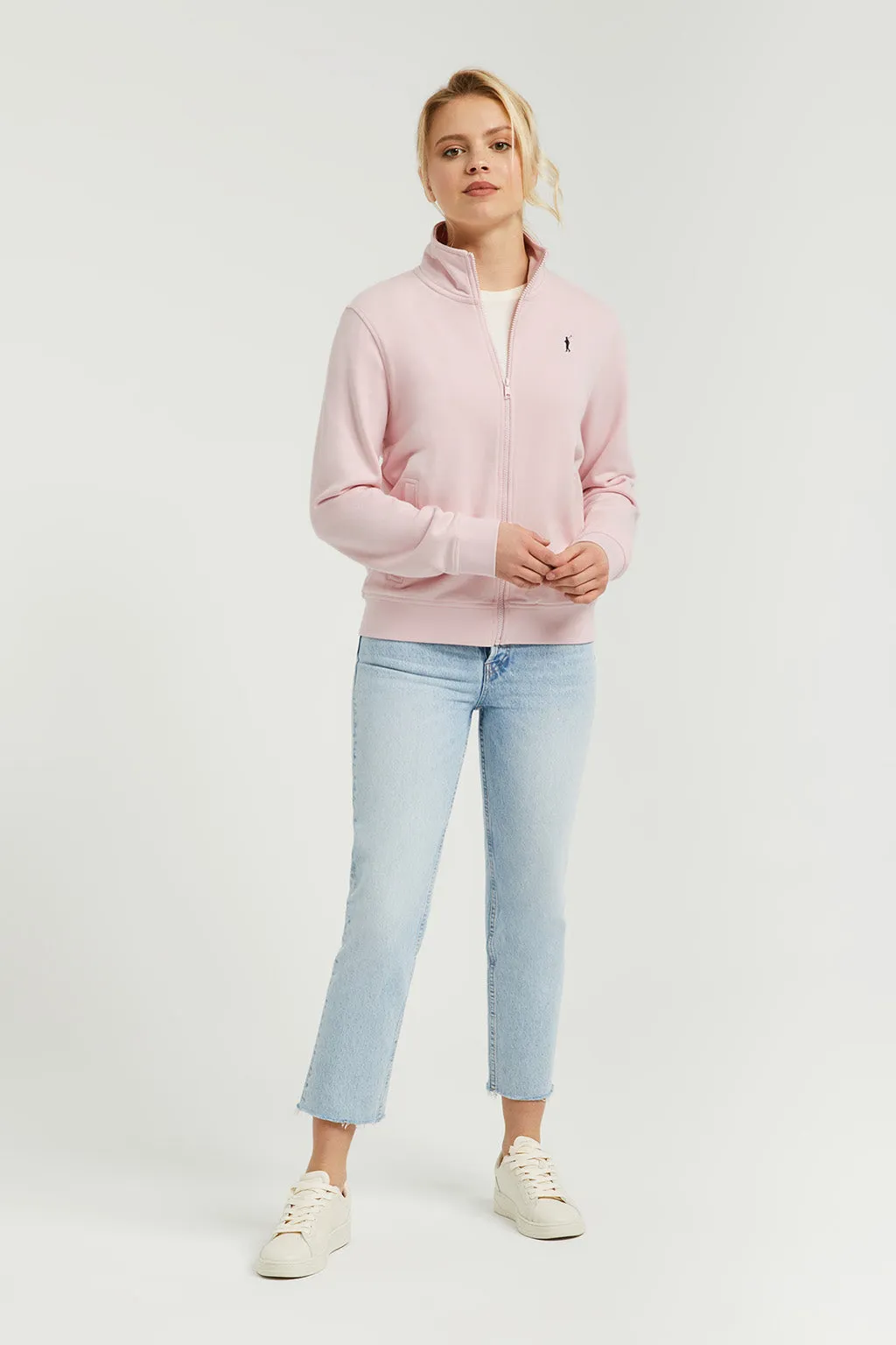 Sudadera abierta rosa de cuello elevado con logo Rigby Go