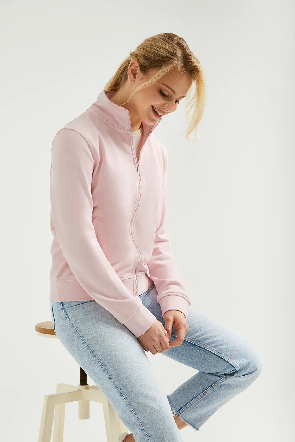 Sudadera abierta rosa de cuello elevado con logo Rigby Go