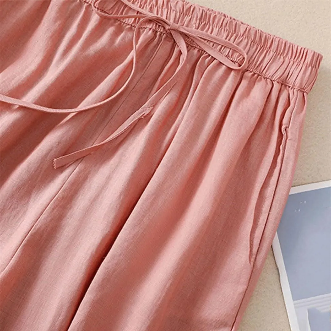 Women Summer Solid Casual Cotton Linen Harem Cropped Pants Loose High Waist Elastic Ankle-Length Pants