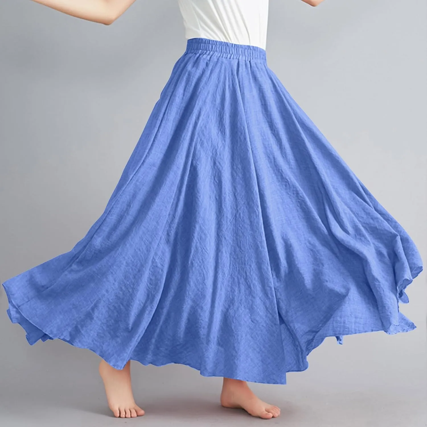 Women's Bohemian Style Elastic Waist Band Linen Long Maxi Skirt Dress Casual Summer Baggy A-Line Flowy Swing Skirts