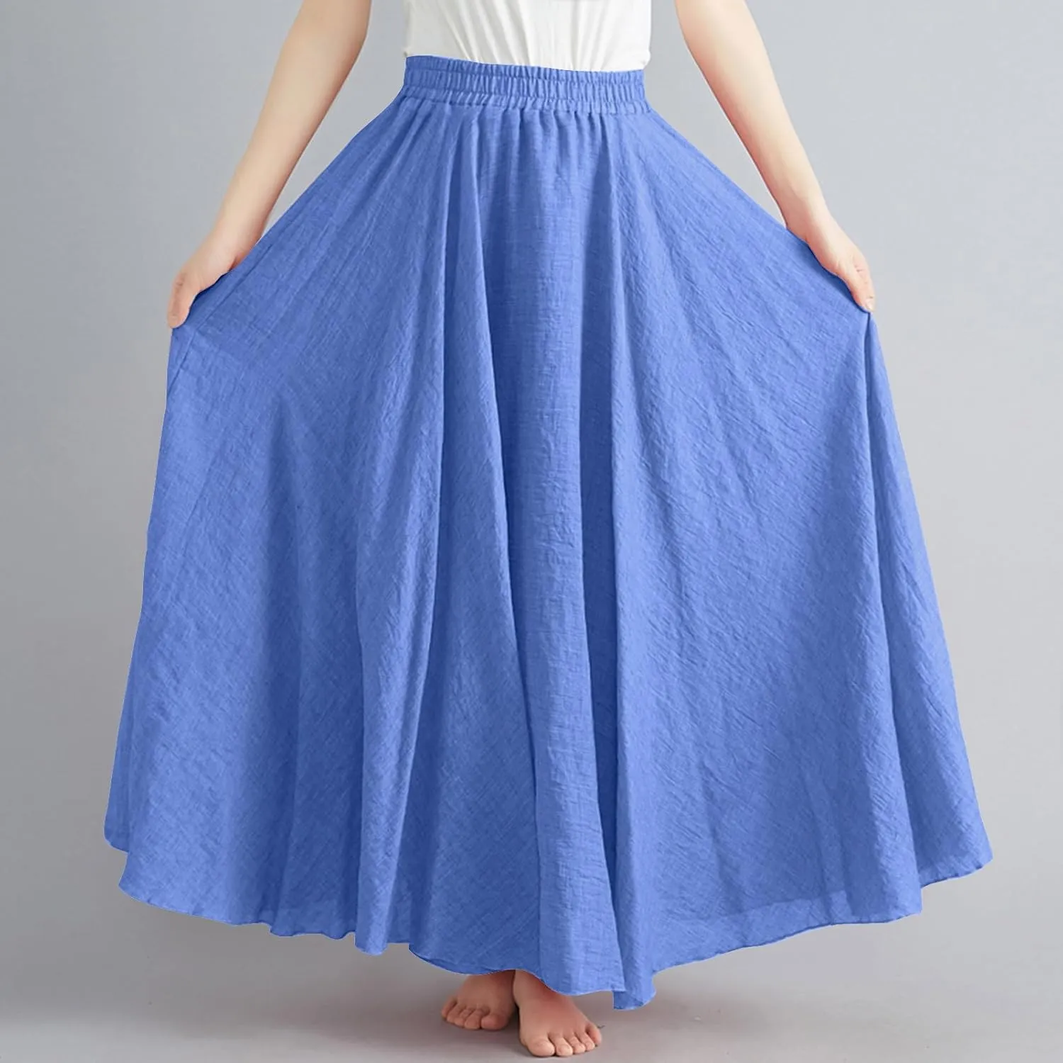 Women's Bohemian Style Elastic Waist Band Linen Long Maxi Skirt Dress Casual Summer Baggy A-Line Flowy Swing Skirts