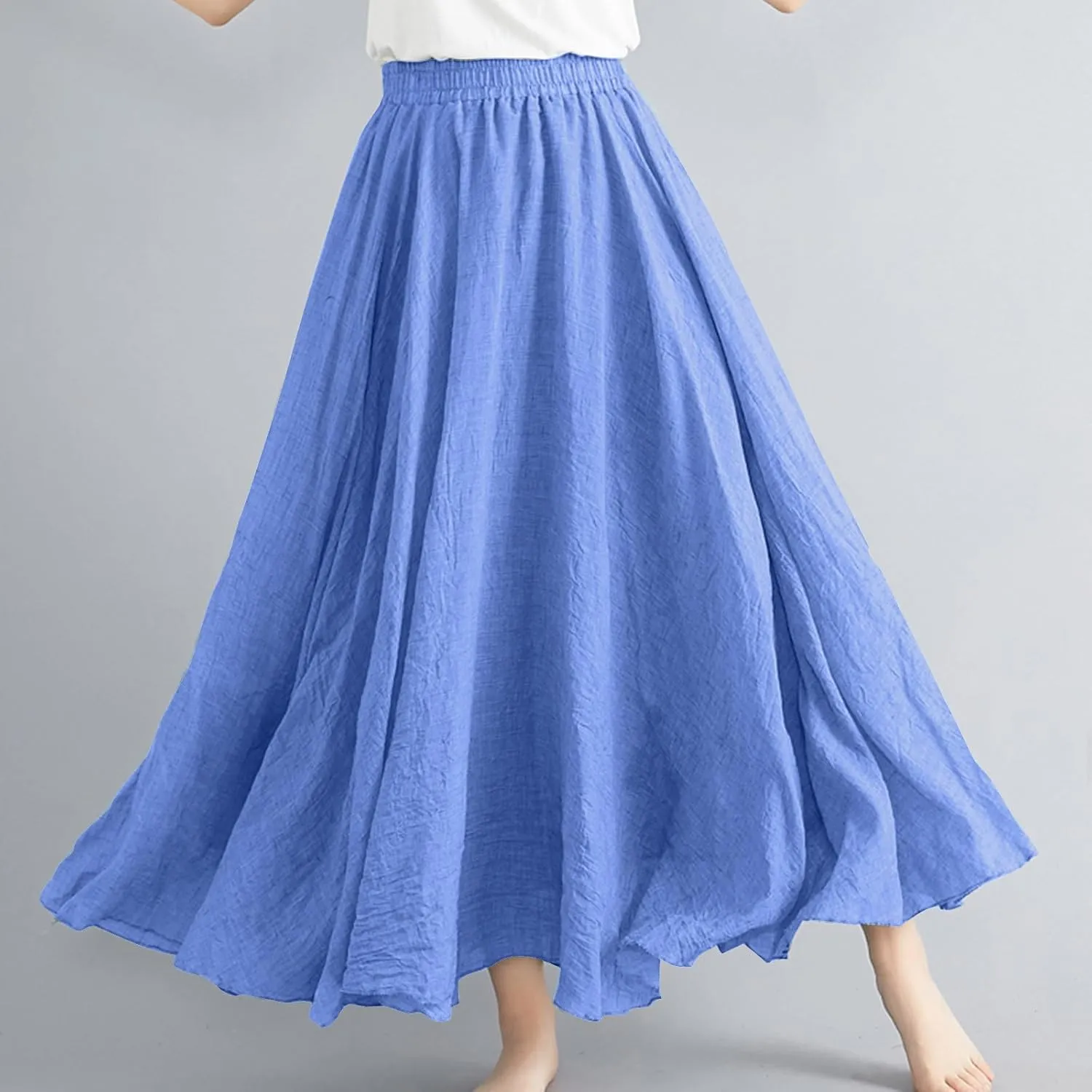 Women's Bohemian Style Elastic Waist Band Linen Long Maxi Skirt Dress Casual Summer Baggy A-Line Flowy Swing Skirts