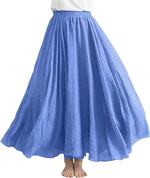 Women's Bohemian Style Elastic Waist Band Linen Long Maxi Skirt Dress Casual Summer Baggy A-Line Flowy Swing Skirts