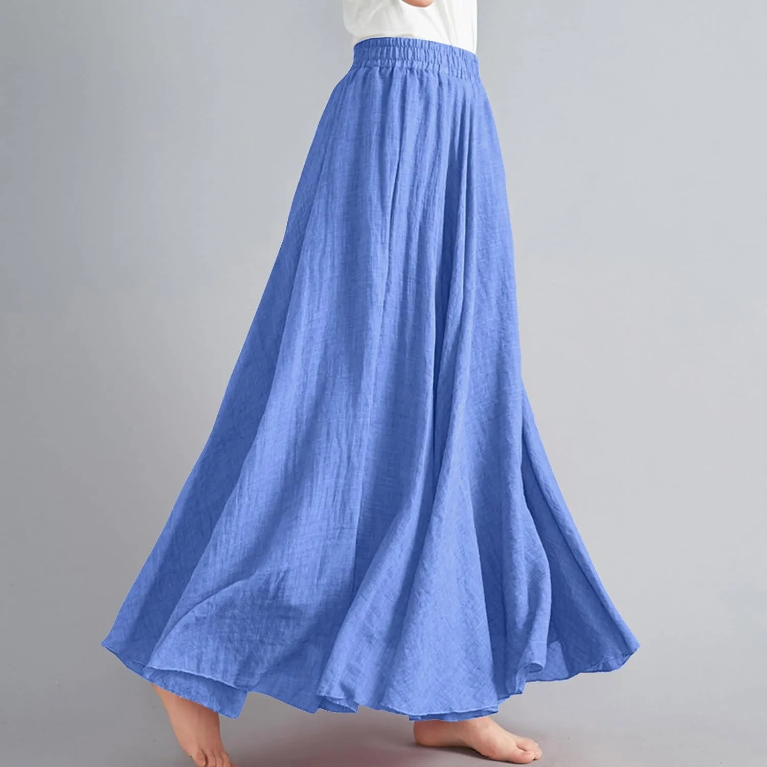 Women's Bohemian Style Elastic Waist Band Linen Long Maxi Skirt Dress Casual Summer Baggy A-Line Flowy Swing Skirts