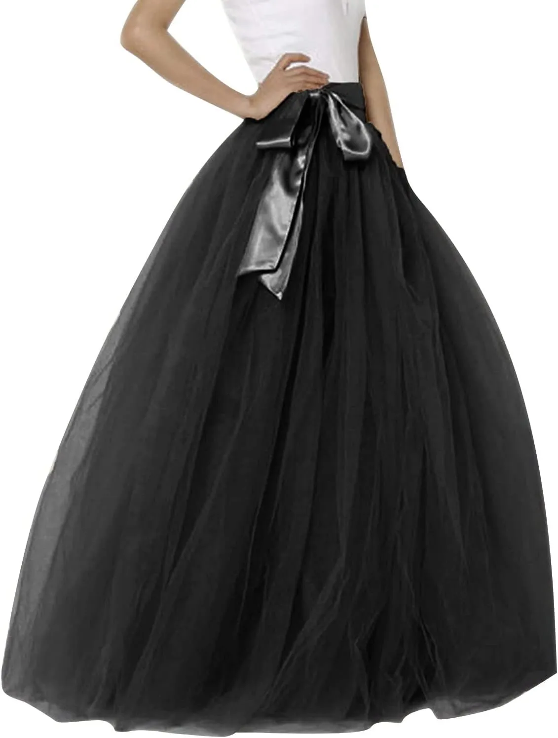 Women's Elastic High Waist Lace Up Puffy Skirt Solid Color Mesh Long Skirt Big Hem Ankle Length Maxi Skirt