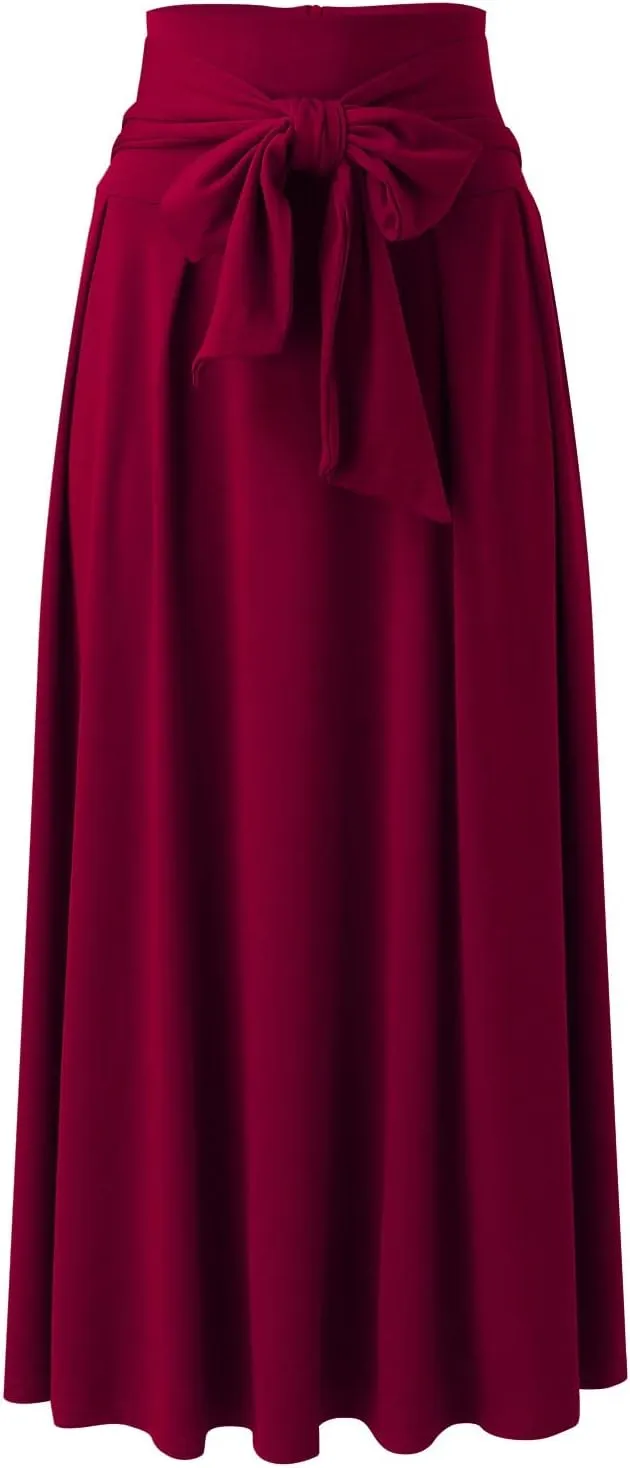 Women's Elegant High Waist Skirt Casual Solid Color Pleated Long Skirt Tie Front Ankle Length Maxi Skirts