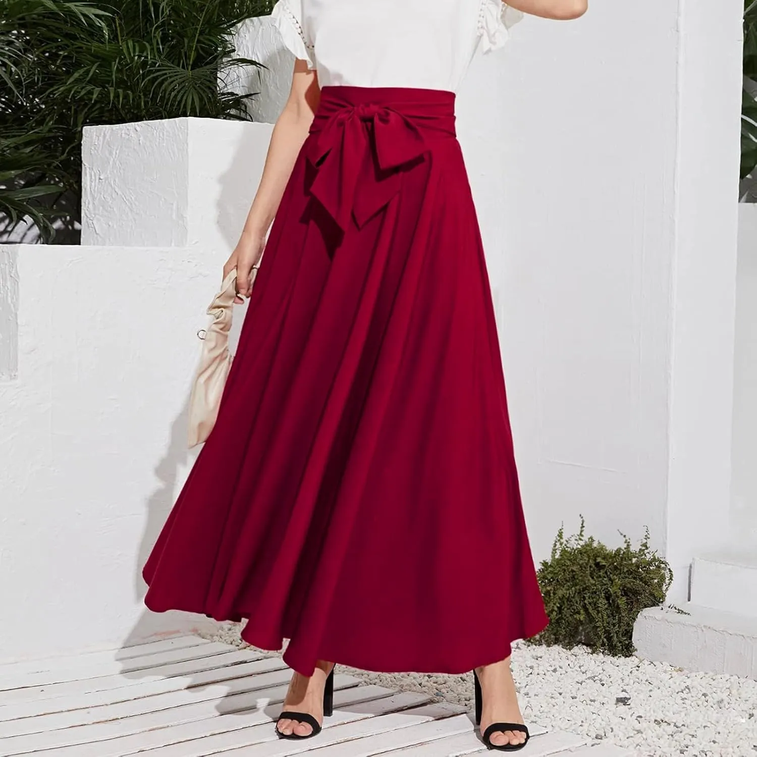 Women's Elegant High Waist Skirt Casual Solid Color Pleated Long Skirt Tie Front Ankle Length Maxi Skirts
