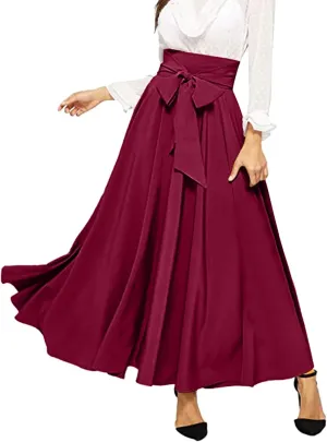 Women's Elegant High Waist Skirt Casual Solid Color Pleated Long Skirt Tie Front Ankle Length Maxi Skirts