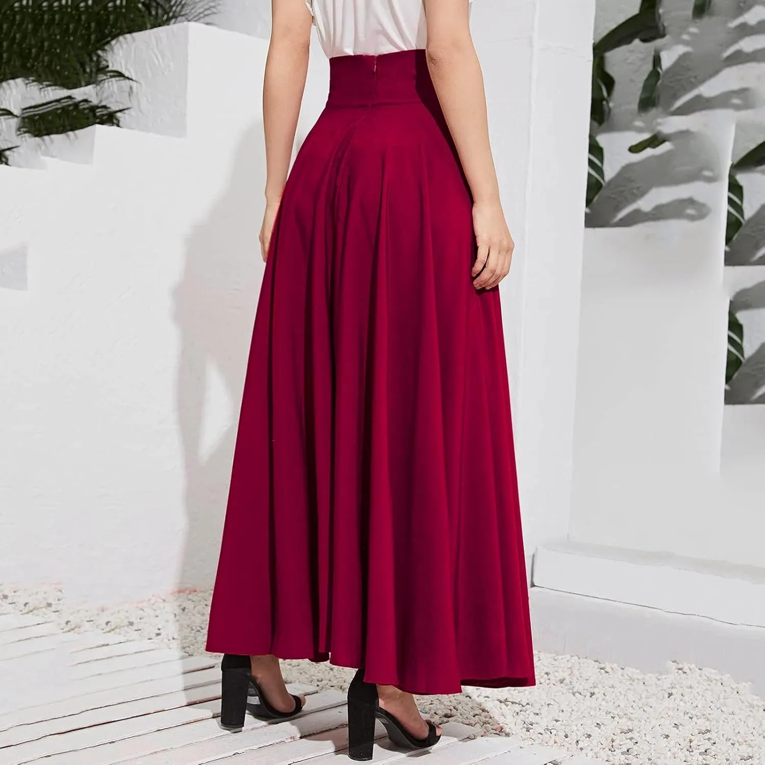 Women's Elegant High Waist Skirt Casual Solid Color Pleated Long Skirt Tie Front Ankle Length Maxi Skirts