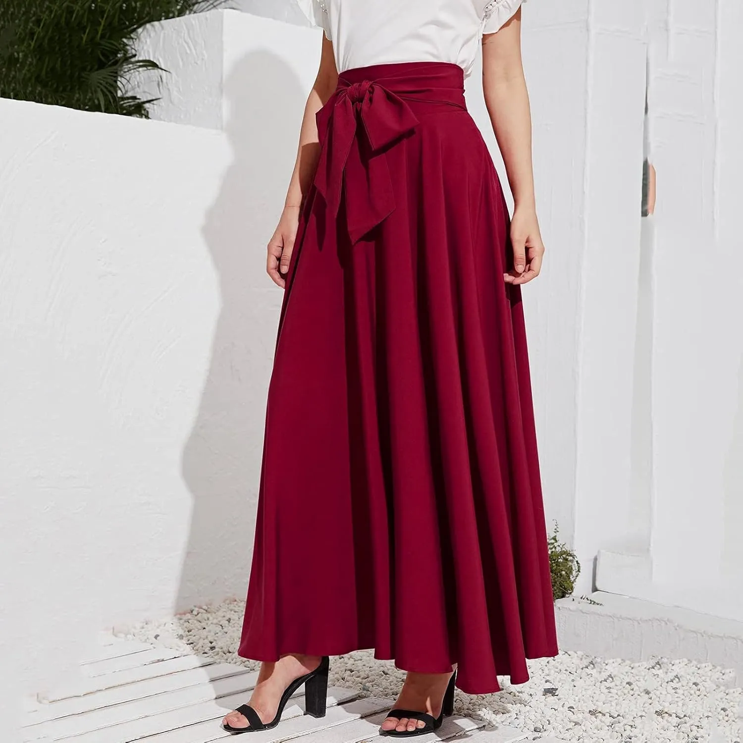 Women's Elegant High Waist Skirt Casual Solid Color Pleated Long Skirt Tie Front Ankle Length Maxi Skirts