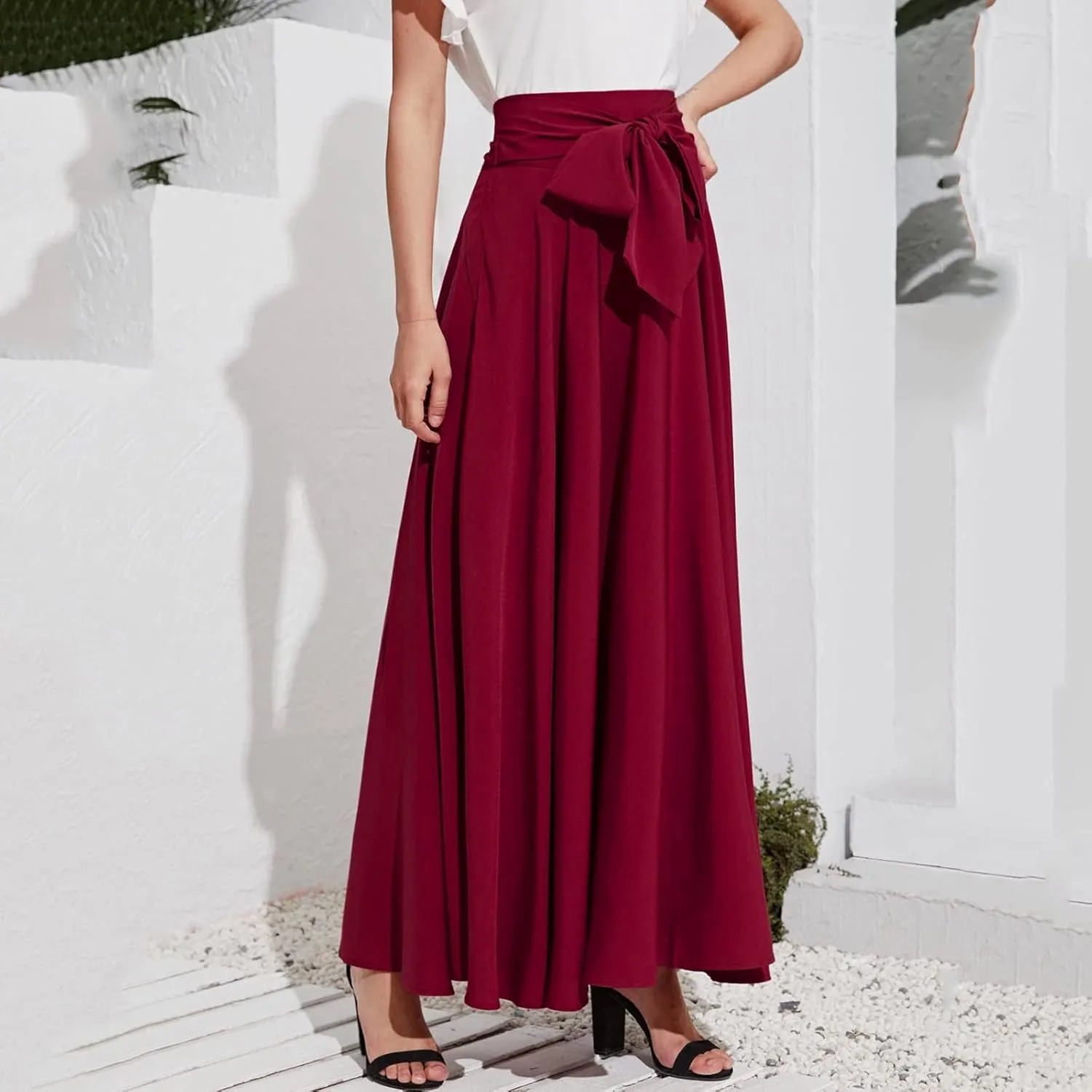 Women's Elegant High Waist Skirt Casual Solid Color Pleated Long Skirt Tie Front Ankle Length Maxi Skirts