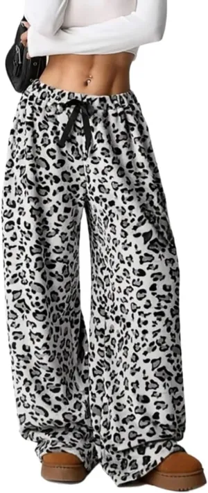 Women's Leopard Print Elastic High Waist Pockets Loose Casual Trousers Printed Pants Stylish Boyfriend Wide Leg Pants