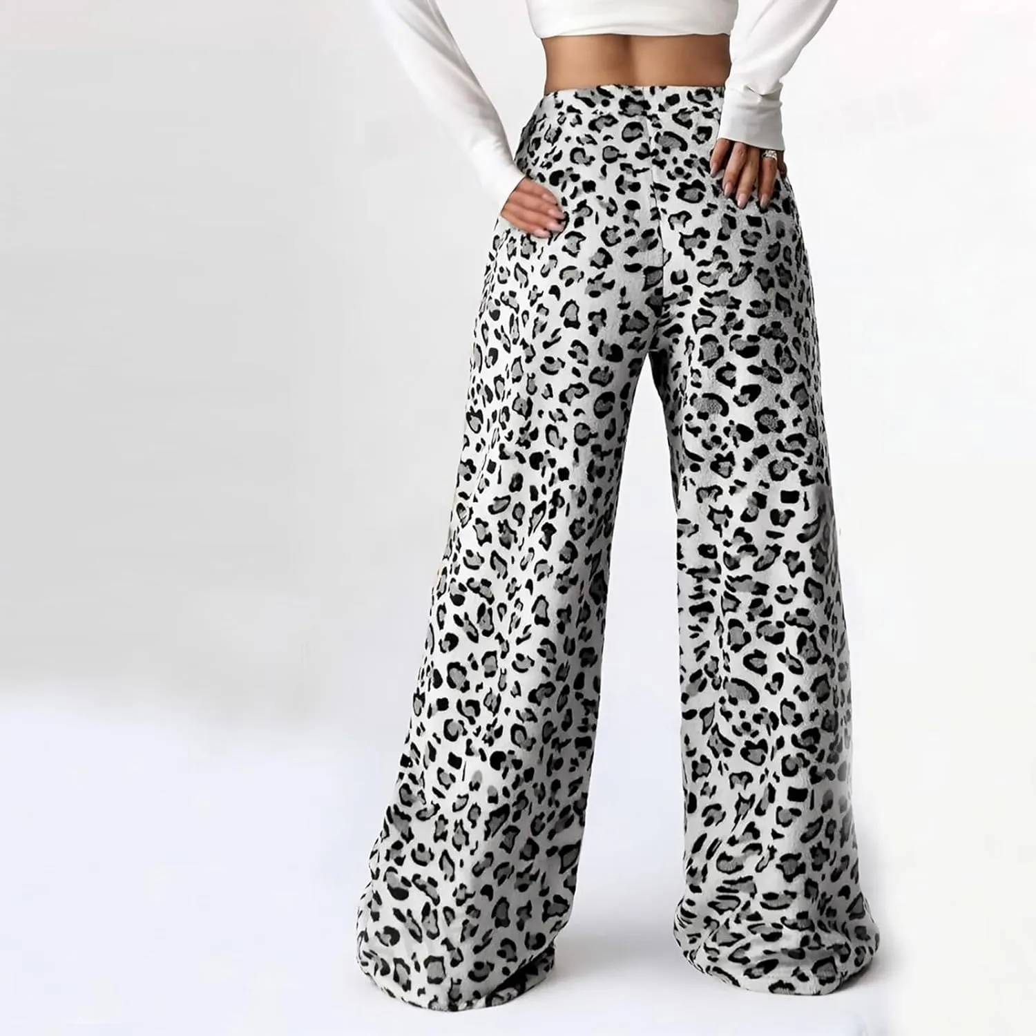 Women's Leopard Print Elastic High Waist Pockets Loose Casual Trousers Printed Pants Stylish Boyfriend Wide Leg Pants