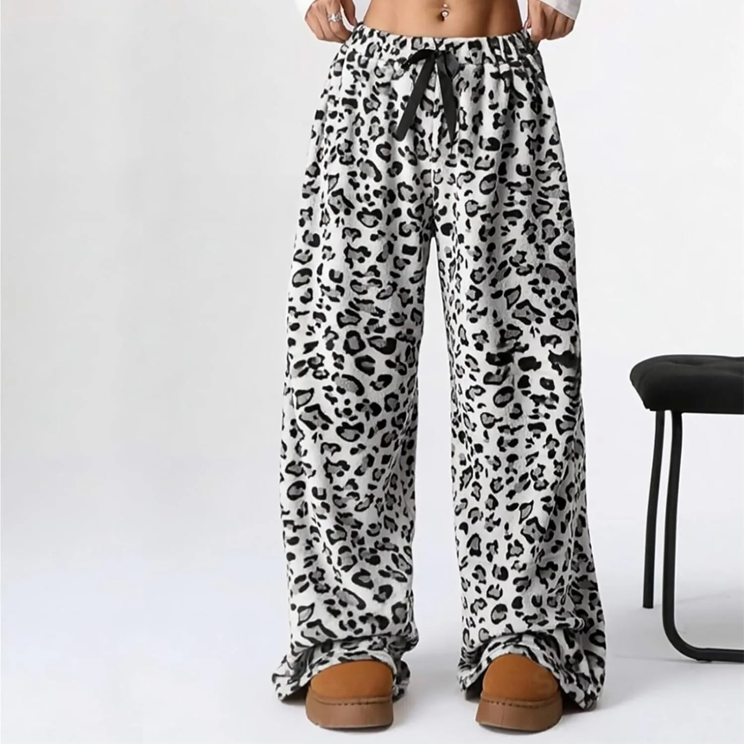 Women's Leopard Print Elastic High Waist Pockets Loose Casual Trousers Printed Pants Stylish Boyfriend Wide Leg Pants