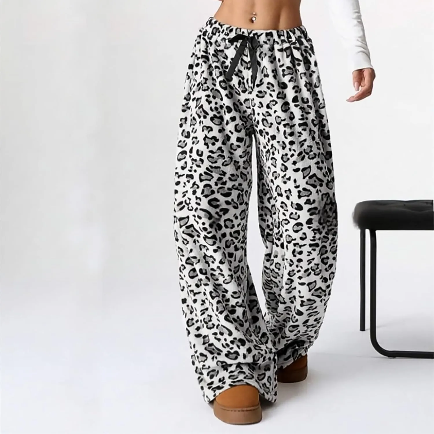 Women's Leopard Print Elastic High Waist Pockets Loose Casual Trousers Printed Pants Stylish Boyfriend Wide Leg Pants