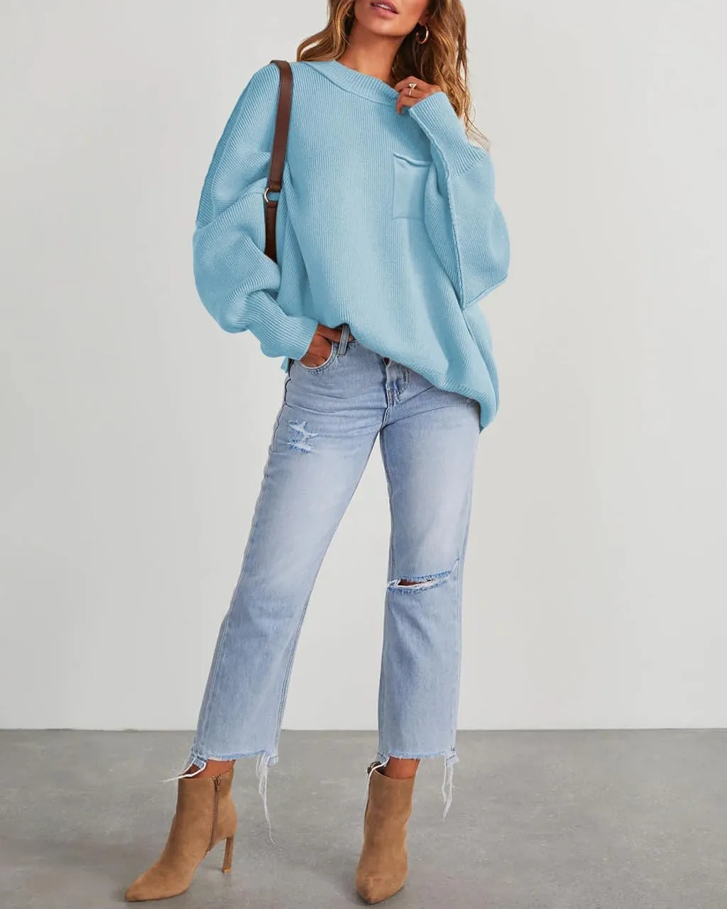Women's Oversized Sweaters 2025 Crewneck Long Sleeve Ribbed Knit Batwing Pullover Tops