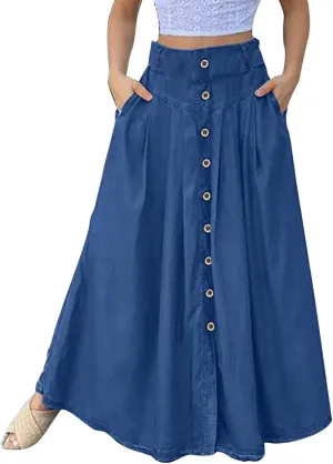 YOLAI Women's Casual Loose Solid Color Skirt A Line High Waist Skirt with Pocket Buttons Maxi Skirt