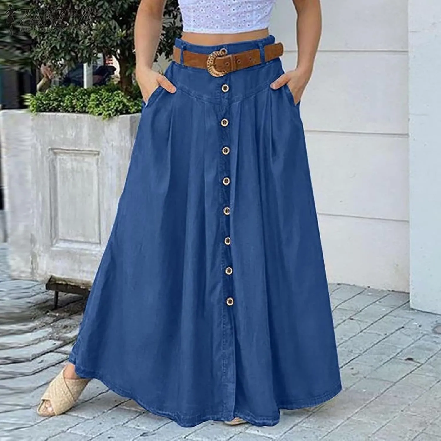 YOLAI Women's Casual Loose Solid Color Skirt A Line High Waist Skirt with Pocket Buttons Maxi Skirt