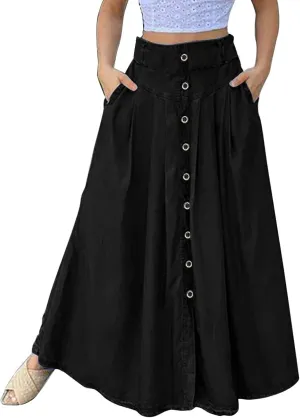 YOLAI Women's Casual Loose Solid Color Skirt A Line High Waist Skirt with Pocket Buttons Maxi Skirt