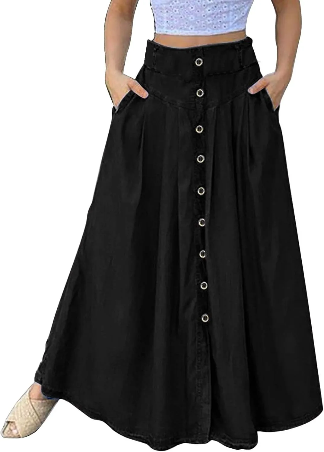 YOLAI Women's Casual Loose Solid Color Skirt A Line High Waist Skirt with Pocket Buttons Maxi Skirt