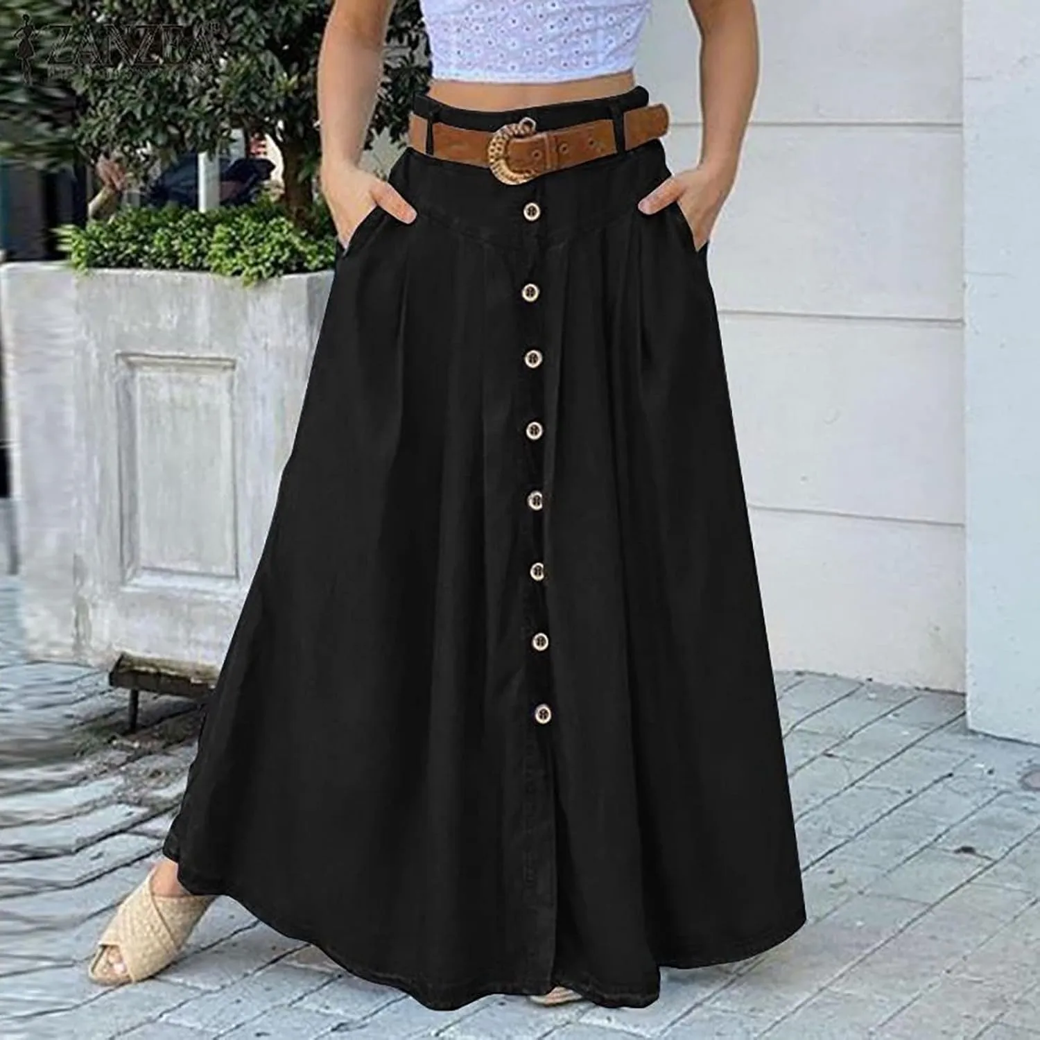 YOLAI Women's Casual Loose Solid Color Skirt A Line High Waist Skirt with Pocket Buttons Maxi Skirt